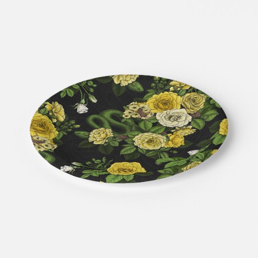 黄色と緑のバラで非表示 ペーパープレート (アングル)