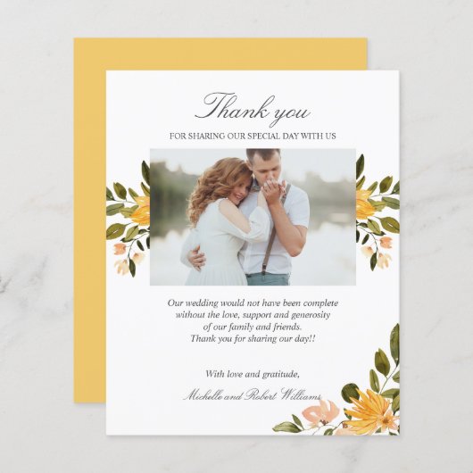黄色と緑のフローラ結婚の写真ありがとう (正面/裏面)