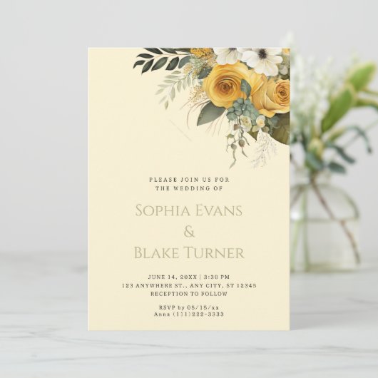 黄色と緑のフローラ黄結婚色 招待状 (スタンド正面)