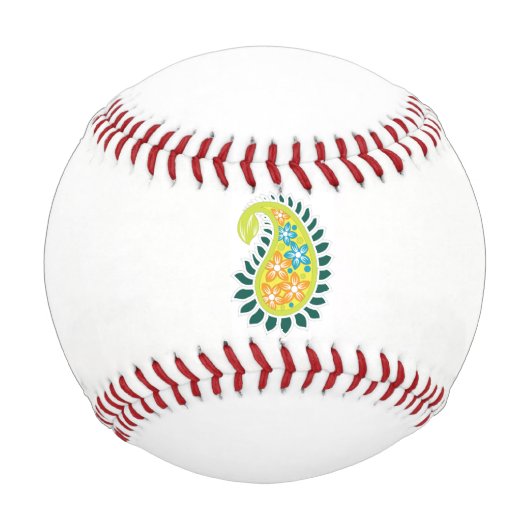 黄色と緑のペイズリーで、葉花と花 野球ボール (正面)