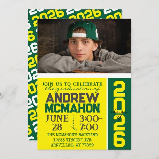 黄色と緑のモダン卒業写真招待状 招待状 (正面/裏面)