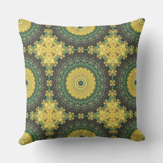 黄色と緑の万華鏡のように千変万化するパターンマンダラパターン クッション (裏面)