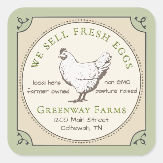 黄色と緑の卵カートンラベルとヴィンテージヘン スクエアシール (正面)