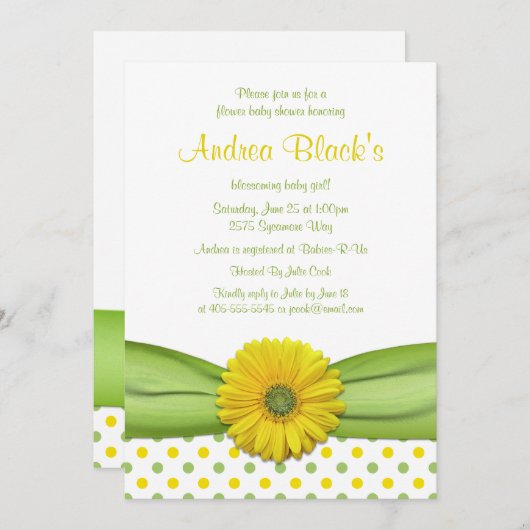 黄色と緑の水玉模様ベビーシャワー招待状 招待状 (正面/裏面)