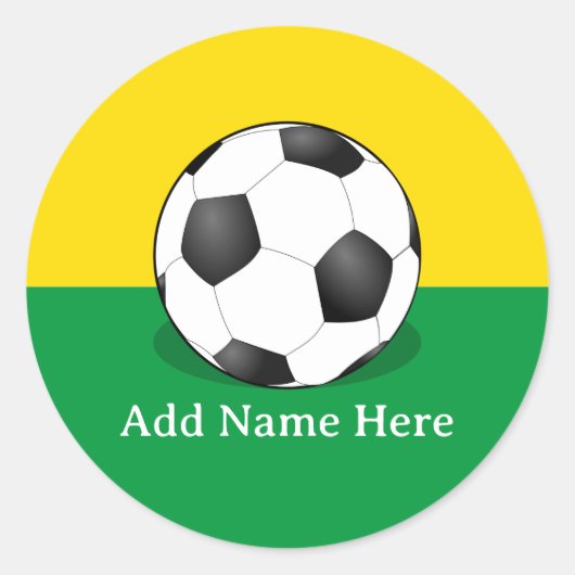 黄色と緑の背景のサッカーボール ラウンドシール (正面)