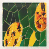 黄色と緑の花モザイク ガラスコースター (正面)