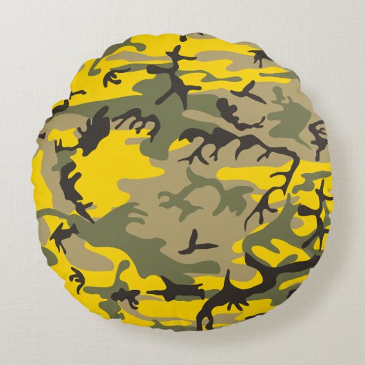 黄色と緑の迷彩、軍隊、陸軍 ラウンドクッション (正面)