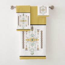 黄色と緑の部族デザインバスタオルセット