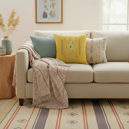 黄色と緑の部族デザイン クッション