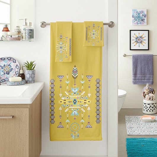 黄色と緑の部族デザイン バスタオルセット