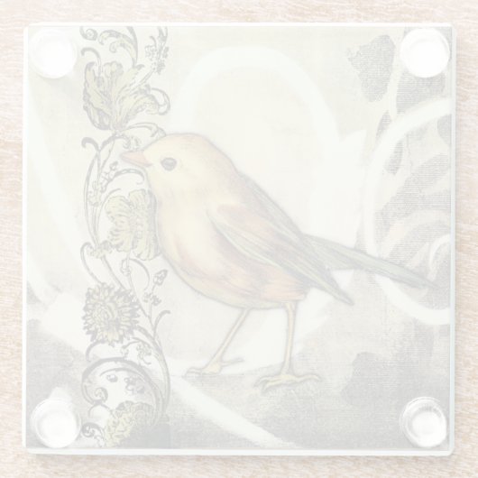 黄色と緑の鳥のヴィンテージ背景 ガラスコースター (裏面)