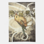 黄色と緑の鳥のヴィンテージ背景 キッチンタオル (縦)