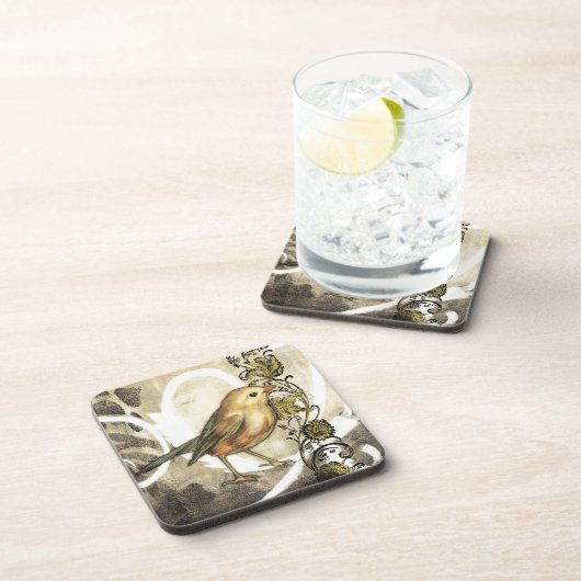 黄色と緑の鳥のヴィンテージ背景 コースター (右側)