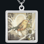 黄色と緑の鳥のヴィンテージ背景 シルバープレートネックレス<br><div class="desc">の組み合わせ絵画とスケッチは、黒とベージュの背景に黄色と緑の鳥のクローズアップシンプルを描く。背景の白い線はヴィンテージトーンを追加。この画像は、任意のカスタマイズ可能なZazzle製品に完璧にフィットする。</div>