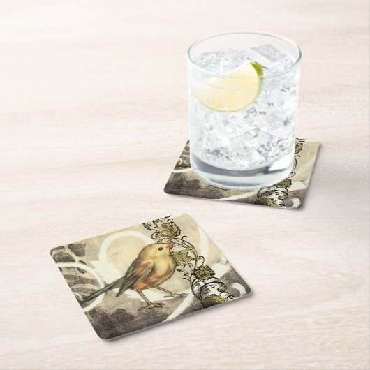 黄色と緑の鳥のヴィンテージ背景 スクエアペーパーコースター (インサイチュ)