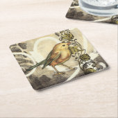 黄色と緑の鳥のヴィンテージ背景 スクエアペーパーコースター (アングル)