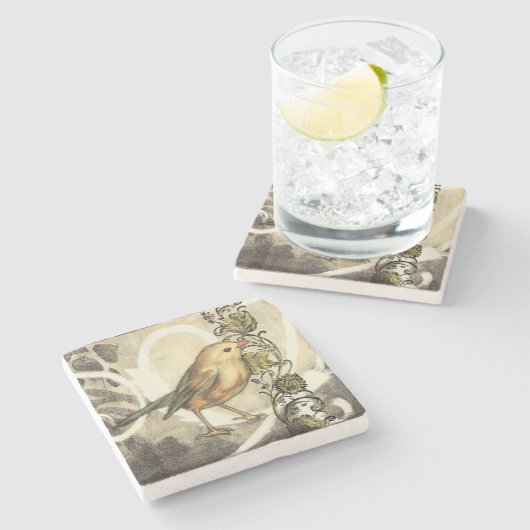 黄色と緑の鳥のヴィンテージ背景 ストーンコースター (横)
