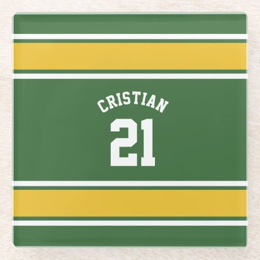 黄色と緑をテーマにしたサッカージャージー ガラスコースター (正面)
