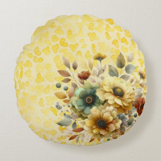 黄色と自然開花水色 ラウンドクッション (正面)