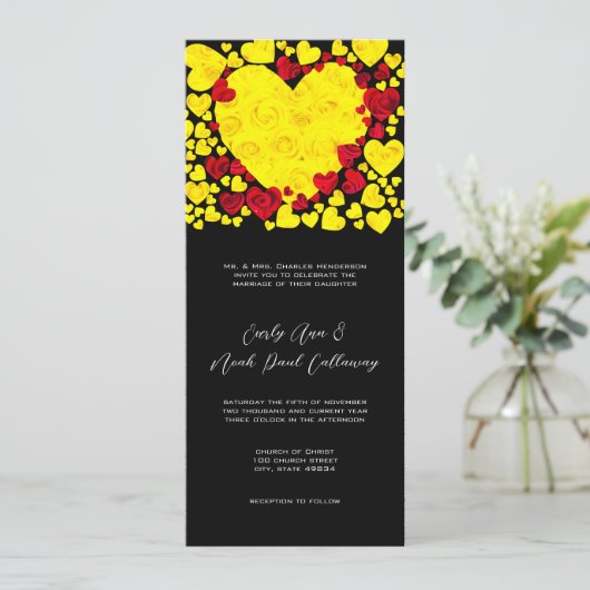黄色と赤いハートのバラの結婚式招待状 招待状 (スタンド正面)
