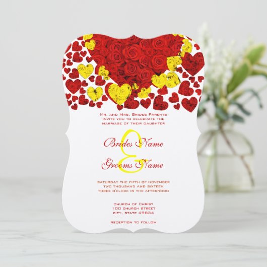 黄色と赤いハートバラ結婚式招待状 招待状 (スタンド正面)