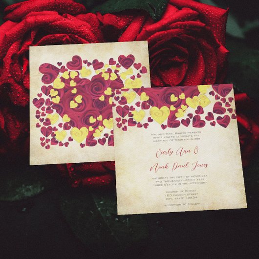 黄色と赤いハートバラ結婚式招待状 招待状