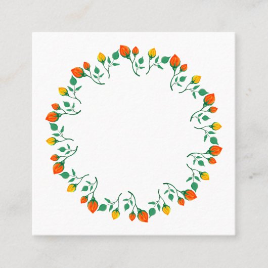 黄色と赤のバラの花を持つフローラの丸い枠 スクエア名刺 (正面)