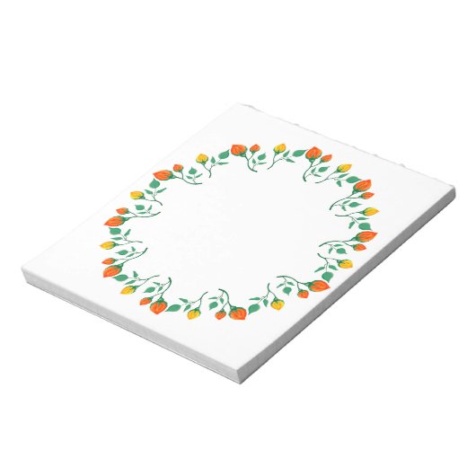 黄色と赤のバラの花を持つフローラの丸い枠 ノートパッド (回転)