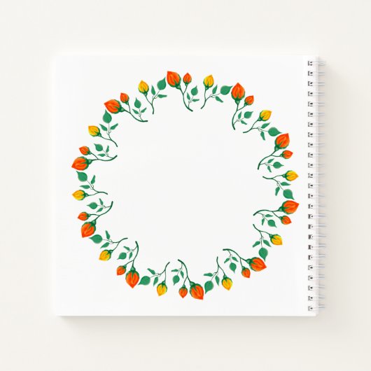 黄色と赤のバラの花を持つフローラの丸い枠 ノートブック (裏面)