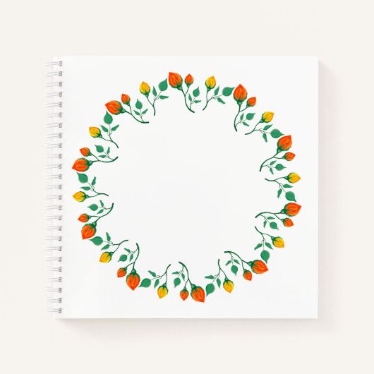 黄色と赤のバラの花を持つフローラの丸い枠 ノートブック (正面)