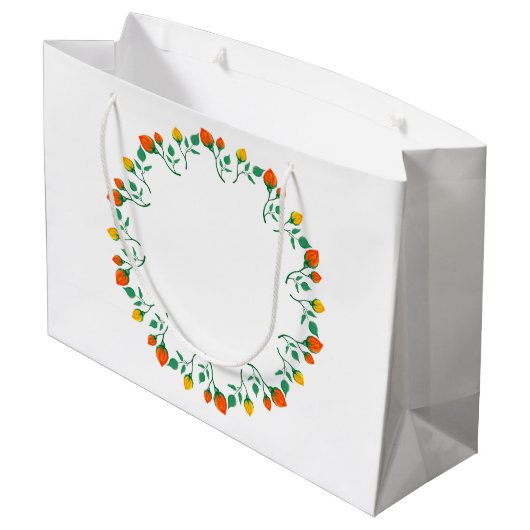 黄色と赤のバラの花を持つフローラの丸い枠 ラージペーパーバッグ (裏面アングル)