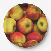 黄色と赤のリンゴのブッシェルの写真 ペーパープレート (正面)