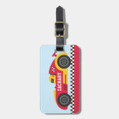 黄色と赤のレースカーキッズでレーサーパーソナライズされた ラゲッジタグ (正面縦)