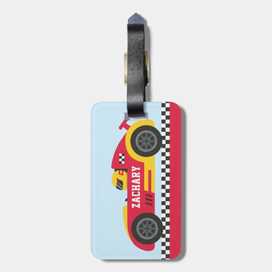 黄色と赤のレースカーキッズでレーサーパーソナライズされた ラゲッジタグ (裏面縦)