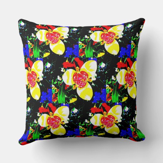 黄色と赤の花の模様を持つ珍しい黒 クッション (裏面)