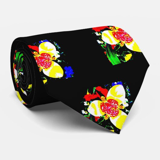 黄色と赤の花柄の珍しい黒 ネクタイ (ロール)