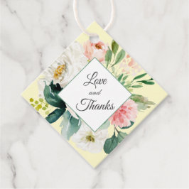 黄色と赤面ピンクフローラサンキューメッセージカード フェイバータグ