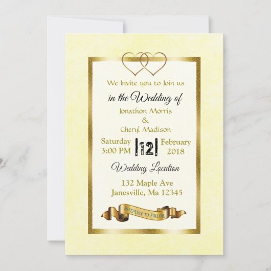 黄色と金ゴールドのハート結婚式招待状 招待状 (正面)