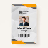 黄色と銀モダン色のIDと写真とバーコード バッジ (正面)