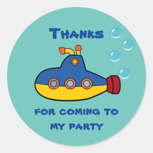 黄色と青のおもちゃ潜水艦誕生日ありがとう ラウンドシール (正面)