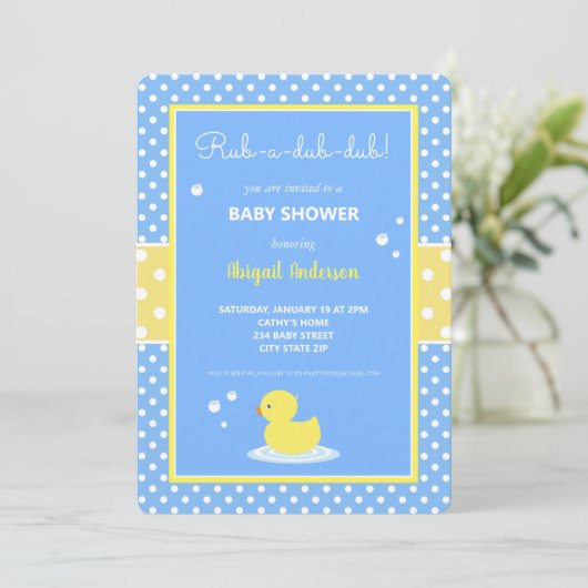 黄色と青のアヒル水玉模様ベビーシャワーインビータ 招待状 (スタンド正面)