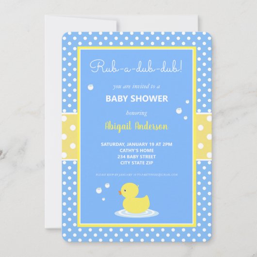 黄色と青のアヒル水玉模様ベビーシャワーインビータ 招待状 (正面)