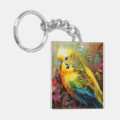 黄色と青のインコとペイズリーと花 キーホルダー (正面左)