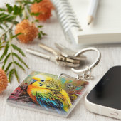 黄色と青のインコとペイズリーと花 キーホルダー (正面右)