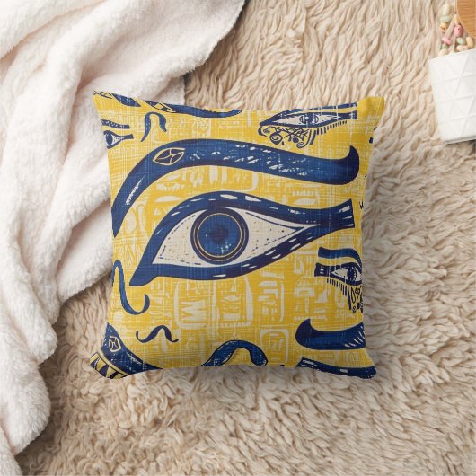 黄色と青のエジプトのパターン – ホラスの目 クッション (ブランケット)