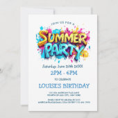 黄色と青のグラフィティスタイルのサマーパーティー 招待状 (正面)