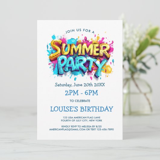 黄色と青のグラフィティスタイルのサマーパーティー 招待状 (スタンド正面)