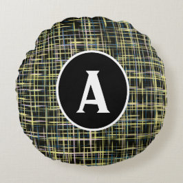 黄色と青のグリッド抽象芸術文字 ラウンドクッション