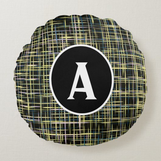 黄色と青のグリッド抽象芸術文字 ラウンドクッション (正面)