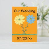 黄色と青のデイジーの花の結婚式 招待状 (スタンド正面)
